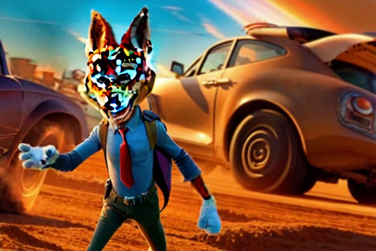 Image similar to nick wilde ( from zootopia ), heavily armed and armored facing down armageddon in a dark and gritty reboot from the makers of mad max : fury road