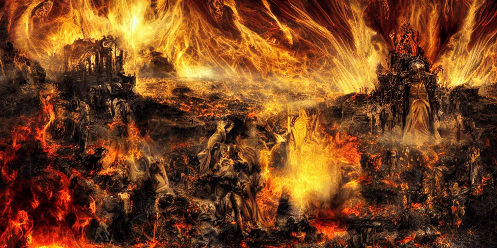 Prompt: digital art, hell, dark and burning full of huge pyres with the bodies of sinners, above hell is our world full of people slaves to machines, robots and technology, and above this world is heaven, empty, with angels looking at the other two worlds crying sadly while god is asleep on a golden throne, ultra detailed and realistic, scary