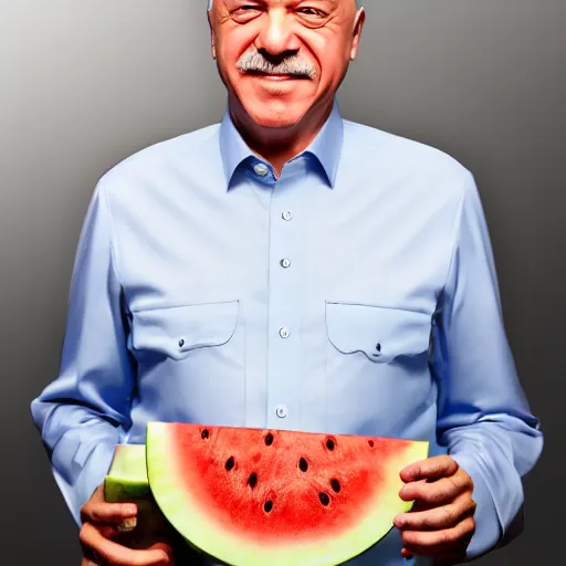 Image similar to recep tayyip erdogan smiling holding watermelon, studio photograph, hd, studio