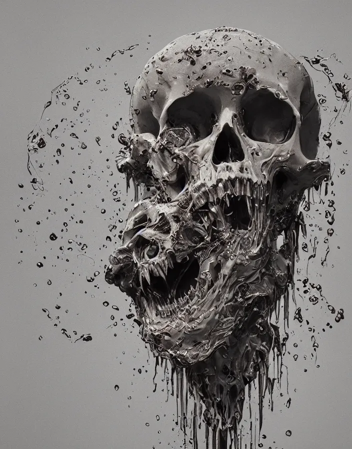 Image similar to portrait of a melting skull. intricate abstract. sharp teeth. delicate artwork. by Tooth Wu, wlop, beeple, dan mumford. octane render, trending on artstation, greg rutkowski very coherent symmetrical artwork. cinematic, hyper realism, high detail, octane render, 8k, depth of field, bokeh. chrome accents.