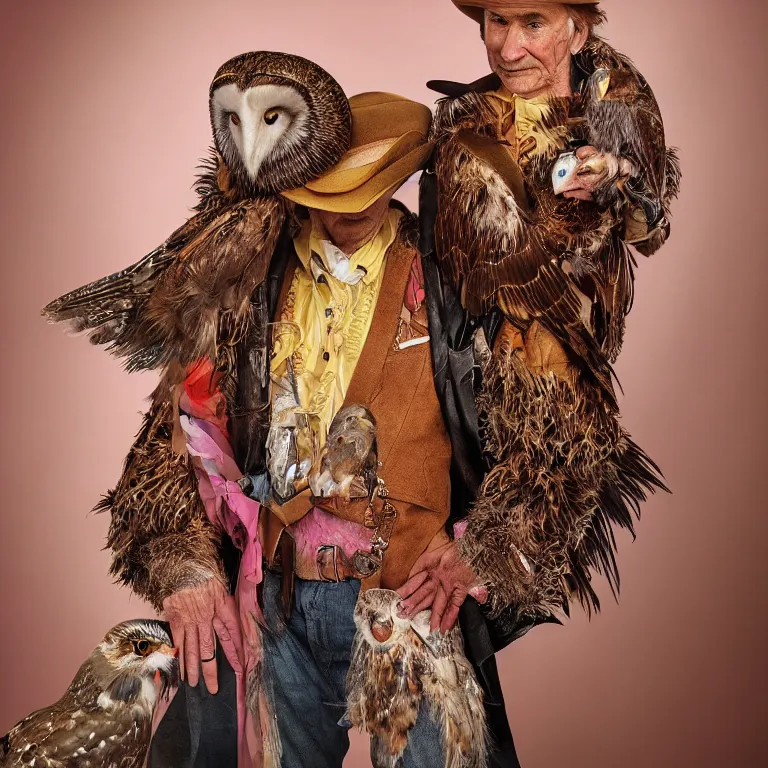 Image similar to high fashion photoshoot octane render portrait by wayne barlow and carlo crivelli and glenn fabry, a distinguished old cowboy wearing a colorful wes anderson designed cowboy costume and holding a barn owl inside a high - end exotic colorful pastel vintage boutique hotel lounge, very short depth of field, bokeh