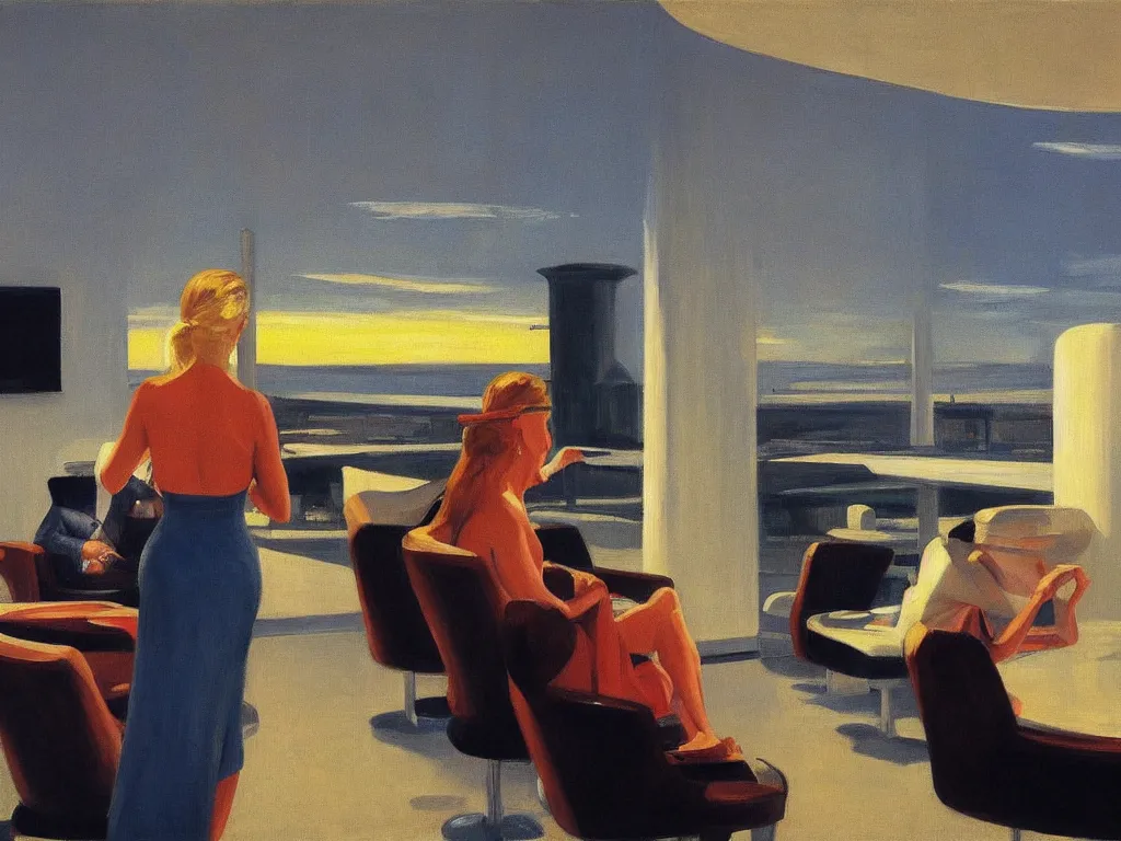 Prompt: sun setting in a airport lounge. tall, spacious, blonde woman watching landed airplane on the runway. painting by edward hopper