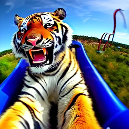 Prompt: selfie of an excited tiger riding a roller - coaster, wide angle, highly - detailed realistic