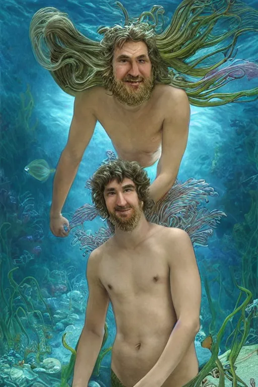 Image similar to photorealistic portrait photograph of stephen hillenburg as an ethereal aquatic merman, upper body, fantasy, handsome, depth of field, soft focus, highly detailed, intricate, realistic, national geographic cover, soft glow, textured, artstation, concept art, sharp focus, illustration, art by artgerm and greg rutkowski and alphonse mucha