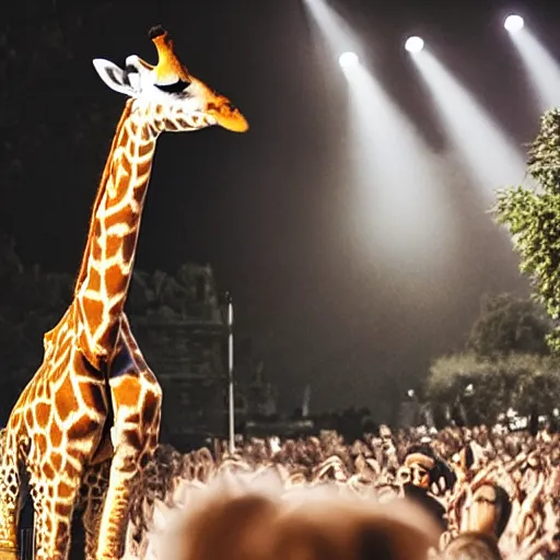 Prompt: a giraffe is standing on a big festival stage, singing, the crowd is cheering, photorealistic