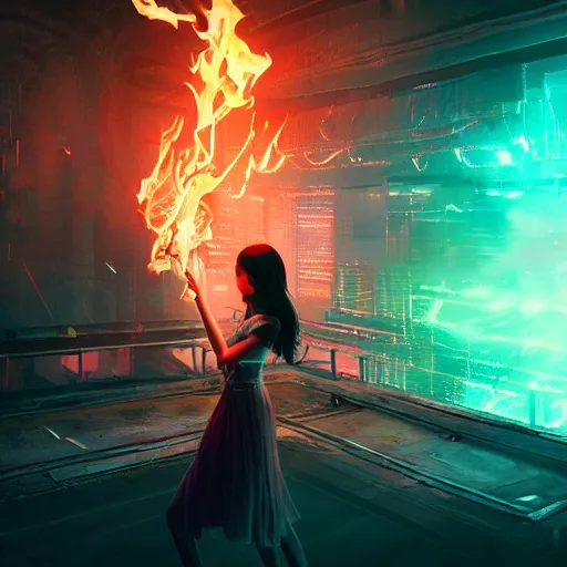 Image similar to a girl like yoona, in a glowing skirt, casting fire spell, background cyberpunk spaceship, full shot, photo, geometries, Fibonacci volumetric lighting, epic composition, intricate details, dark neon punk, by denis villeneuve and WLOP