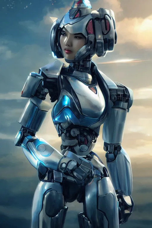 Prompt: a young attractive Asian woman piloting a mecha, dramatic pose, chrome and LEDs, highly detailed, photorealistic, volumetric lighting, digital art, octane render, in the style of Artgerm and Tom Bagshaw