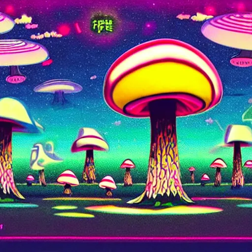 Image similar to mushrooms in the place of flying saucers, hallucinogenic, psychedelics, enhanced vision, vaporwave, future funk, japanese - inspired