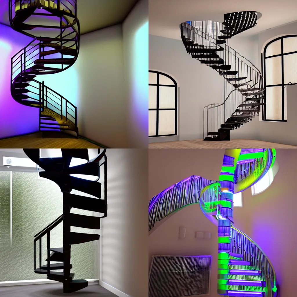 Prompt: a spiral staircase made out of pc cooling equipment in an rgb backlit environment, high detailed