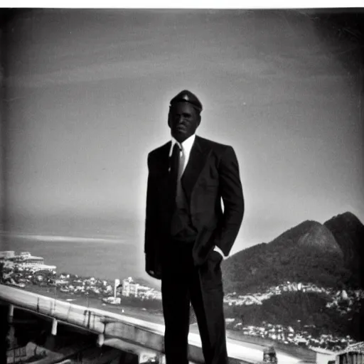 Image similar to vintage photo of a black man wearing a black suit in front of rio de janeiro