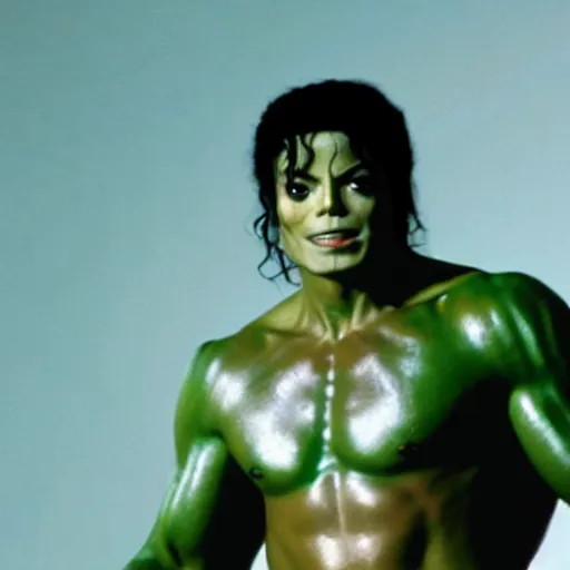 Image similar to michael jackson as the incredible hulk, movie still, 8 k