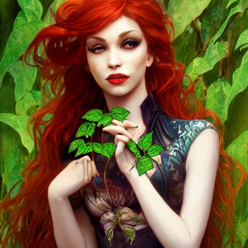 Image similar to a beautiful and detailed matte painting of a poison ivy dressed casually in clothes from hot topic, food court in a mall, dark eyeliner, intricate, elegant, highly detailed, digital painting, artstation, concept art, matte, sharp focus, illustration, art by greg rutkowski and alphonse mucha