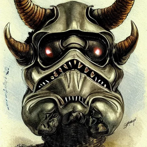 Prompt: close up front view of a demonic horned stormtrooper with compound eyes, symmetrical, by jean - baptiste monge!!!!!!!!!!!!!!!!!!!!!!!!!!!