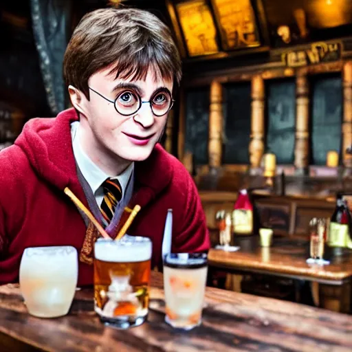 Prompt: harry potter drinking vodka in a pub
