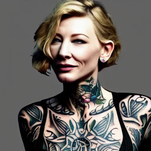 Prompt: full body tattooed cate blanchett with golden teeths 4k