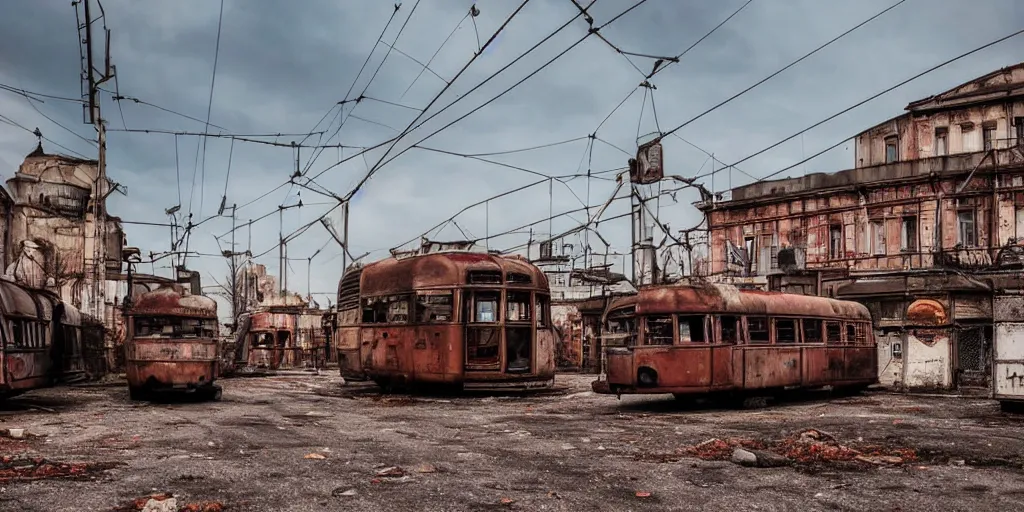 Image similar to low wide angle shot of dilapidated fallout 5 europa, temperate european small town, desolate, dilapidated neon signs, few rusted retro futuristic vintage parked vehicles like cars, buses, trucks, trams, volumetric lighting, photorealistic, daytime, autumn, sunny weather, sharp focus, ultra detailed, 4 0 0 0 k