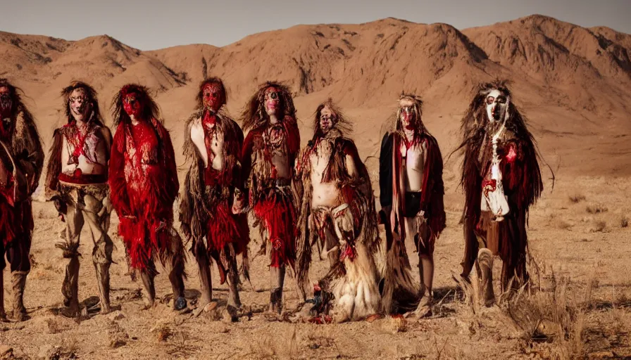 Image similar to high realistic photo portrait of esoteric tribes members with taxidermic flesh bloody jaw and elaborate red clothes in the desert, eastmancolor, heavy grain, high quality,