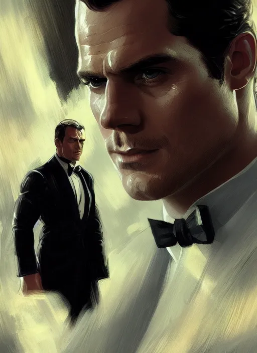 Image similar to portrait of henry cavill as james bond, casino, key art, highly detailed, digital painting, artstation, concept art, cinematic lighting, sharp focus, illustration, art by artgerm and greg rutkowski and alphonse mucha