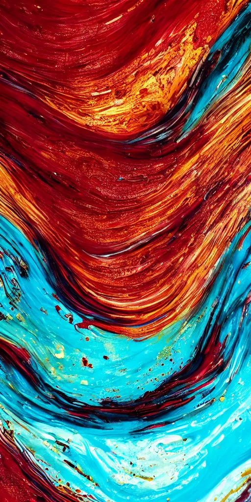 Prompt: a macro shot of thick viscous paint, brilliant white ink, dark turquoise oil paint, deep red fluid paint, liquid gold, flowing creating waves, hyper realistic, hyper detailed, fluidity, subtle depth of field,
