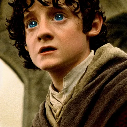 Image similar to still of frodo baggins looking up wearing the sorting hat, in harry potter and the philosopher's stone ( 2 0 0 1 )