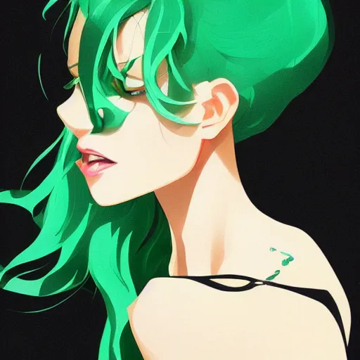 Prompt: a beautiful woman with green hair and hazel eyes, clean cel shaded vector art. behance hd by lois van baarle, artgerm, helen huang, by makoto shinkai and ilya kuvshinov, rossdraws, illustration,