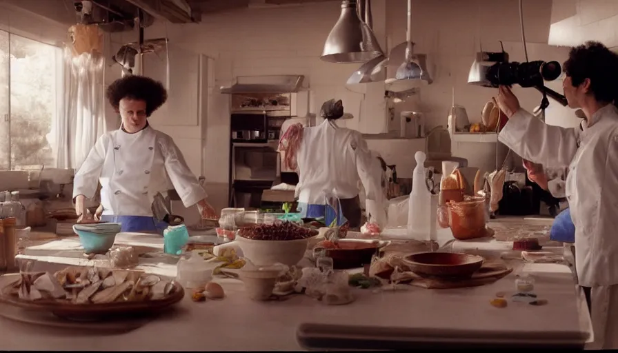 Image similar to movie still by alejandro jodorowsky of a beautiful day in the kitchen in suburban usa, visible magic energy, dream creature costumes, floating browser windows and social media posts, fish, cinestill 8 0 0 t eastmancolor technicolor, high quality, very detailed, heavy grain, fine facial features, 8 k, octane render