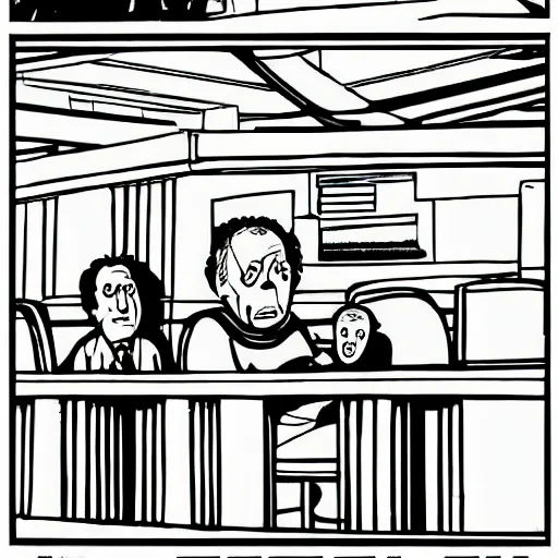 Prompt: werner herzog sits in the waiting area at the dmv holding bolt cutters. childrens coloring book, chris ware, nick drnaso, stylised graphic novel, black and white, coloring pages