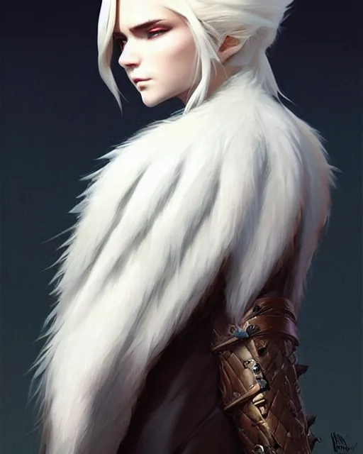 Image similar to dragon hunter wearing a fur - lined dragonhide jacket!!! beautiful and elegant white hair female!! symmetry, character concept art, sharp focus, illustration, artgerm!! greg rutkowski! wlop!! ilya kuvshinov!! charlie bowater! octane render! unreal engine 5! highly rendered!! trending on artstation!