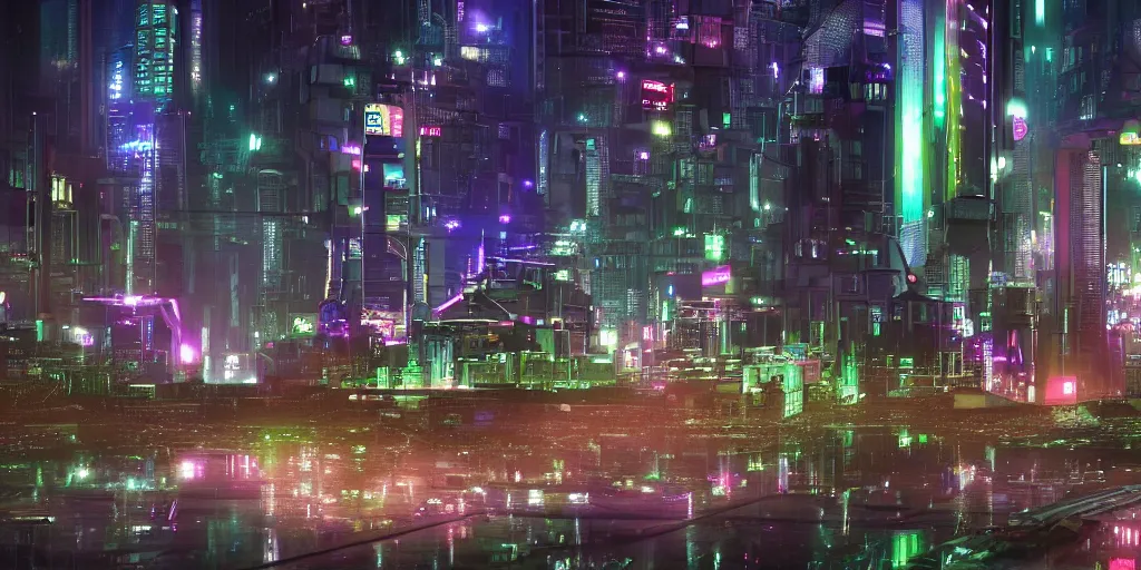 Image similar to a cyberpunk sci-fi city plaza on a rainy night, high definition, high detail, photorealistic, 8k