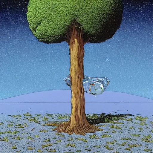 Image similar to a large tree growing from a crystal floating in space, by moebius