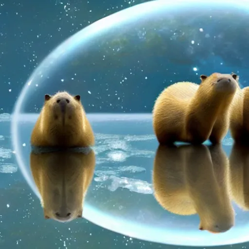 Image similar to a squad of capybara astronauts on a swamp planet