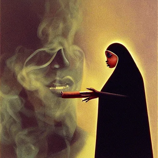 Image similar to a black nun wearing shiny jewelry, she's smoking a cigar and puffing smoke, by Beksinski, star-shaped lens flare