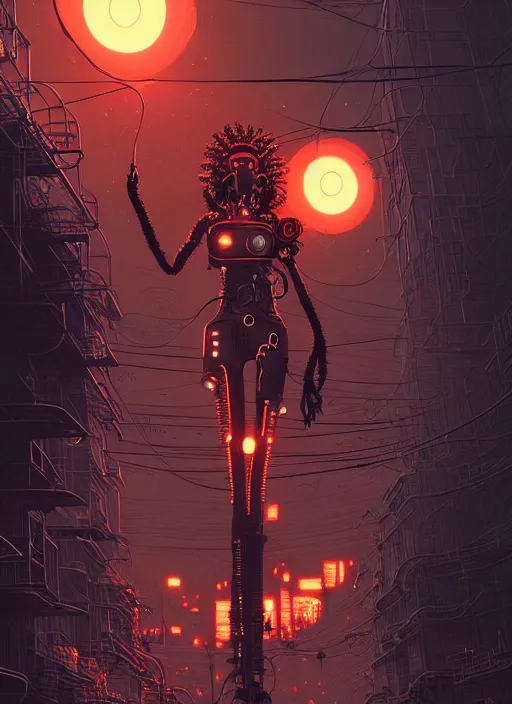 Image similar to highly detailed portrait of wasteland punk long curly fire hair tribal lady, stray wiring by atey ghailan, james gilleard, by joe fenton, by greg rutkowski, by greg tocchini, by kaethe butcher, 4 k resolution, gradient red, orange, black and white color scheme!!! ( ( flaming robotic dystopian city spiral background ) )