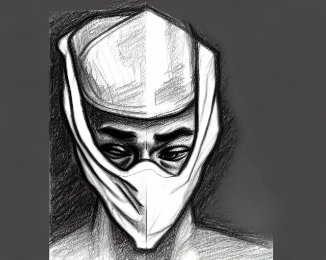 Image similar to draft drawing of a european man covering face with mask, draft sketch, thin stroke, trending on artstation, context art, pencil sketch, high detail