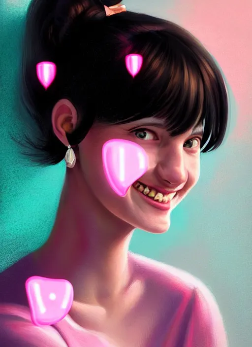 Image similar to portrait of high school girl, realistic, black hair, bangs, half updo hairstyle, pointy nose, skinny, smile, ugly, defined jawline, big chin, pink hair bow, earrings, intricate, elegant, glowing lights, highly detailed, digital painting, artstation, sharp focus, illustration, art by wlop, mars ravelo and greg rutkowski