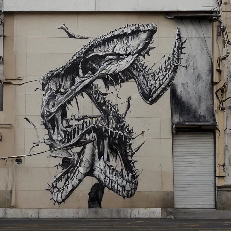 Image similar to Street-art painting of crocodile skeleton in style of Banksy, photorealism