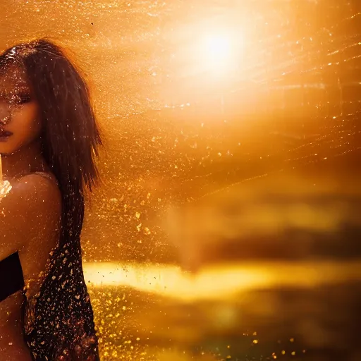 Image similar to filmstill photography of asian female body covered with wet black translucent blanket acrylic liquid colors, luxurious supermodel photoshooting, golden jewelry, bokeh, godrays, strong wind, wrinkles, sunrays, sunset, strong lens flares