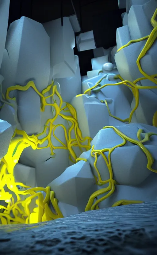 Image similar to liquid nitrogen with yellow water-cooling coolant flowing through latent representations of yellow ice caverns by centrifugal forces, computer circuitry sticking out the walls!!!!, high detail, high contrast!, low-poly elements!!!, trending on artstation, octane render, subsurface scattering, ray-tracing, 4k