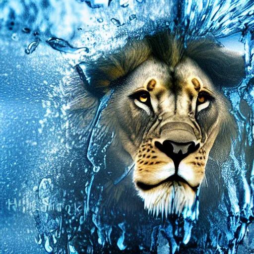 Image similar to a male lion's face breaching through a wall of water, water sprites, splashing, deep blue water color, highly detailed, realistic digital art