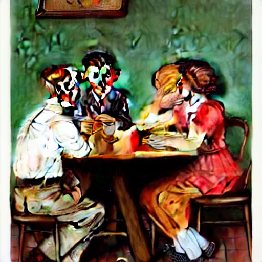 Prompt: Three students talking at a table artwork by Norman Rockwell, cinematic view, high quality