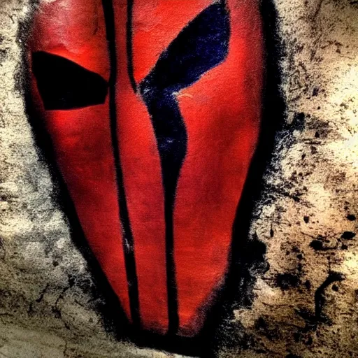 Image similar to caveman painting of deadpool, photography, rock, art,