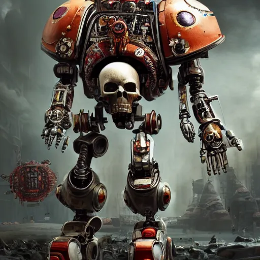 Image similar to An old robot with a skull on its head, servitor, warhammer 40k, adeptus mechanicus, realistic 4k octane beautifully detailed render, 4k post-processing, highly detailed, intricate complexity, epic composition, magical atmosphere, cinematic lighting, masterpiece, ultra hd