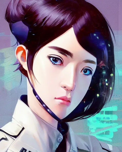 Image similar to police officer girl very very anime!!! fine face, audrey plaza, realistic shaded perfect face, fine details. anime. realistic shaded lighting cyberpunk futuristic neon tattoos styled hair reflective puffy sheen film jacket decorated poster by ilya kuvshinov katsuhiro otomo ghost in the shell magali villeneuve artgerm jeremy lipkin michael garmash rob rey