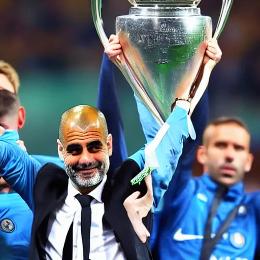 Image similar to High quality front photo of Pep Guardiola lifting a champions league trophy