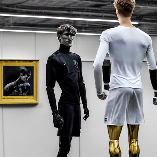 Image similar to a realistic detailed photo of a guy who is an attractive humanoid who is half robot and half humanoid, who is a male android, soccer players martin ødegaard & timo werner, shiny skin, posing like a statue, blank stare, in a factory, on display, showing off his muscles, gold soccer shorts, side view, looking at each other mindlessly