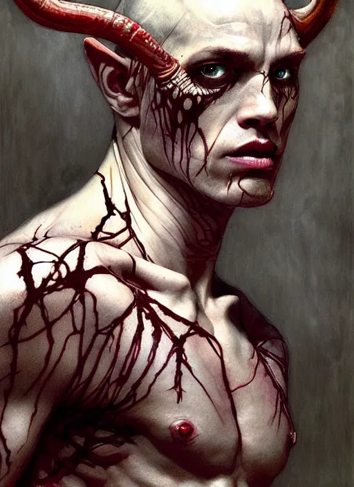 Image similar to half demon half human man intricate skin pattern texture, elegant, peaceful, playful full body, white horns, hyper realistic, extremely detailed, dnd character art portrait, dark fantasy art, intricate fantasy painting, dramatic lighting, vivid colors, deviant art, artstation, by edgar maxence and caravaggio and michael whelan and delacroix by h. r. giger