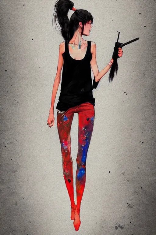 Prompt: a ultradetailed beautiful full body painting of a stylish woman in with a ponytail, she is wearing a black tank top and jeans, by conrad roset, greg rutkowski and makoto shinkai trending on artstation