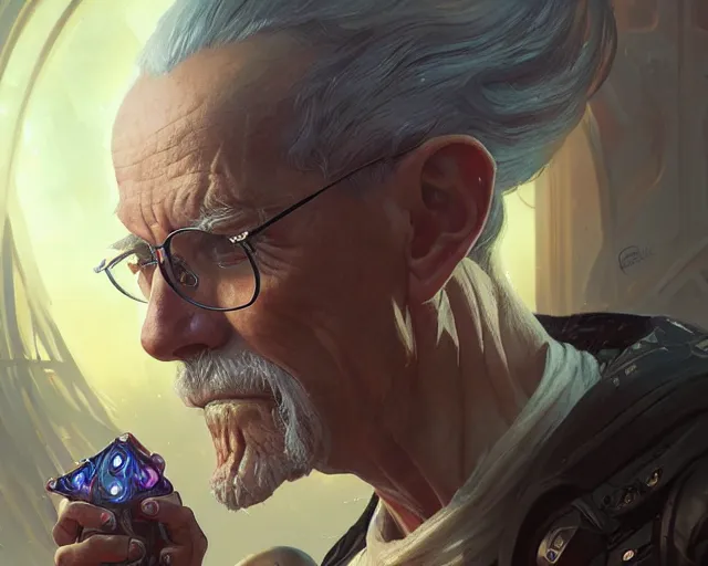 Image similar to oldman with cyberpunk implants, deep focus, d & d, fantasy, intricate, elegant, highly detailed, digital painting, artstation, concept art, matte, sharp focus, illustration, hearthstone, art by artgerm and greg rutkowski and alphonse mucha