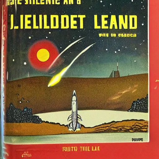 Prompt: rocket landing by a lake in the style of a vintage science fiction book cover