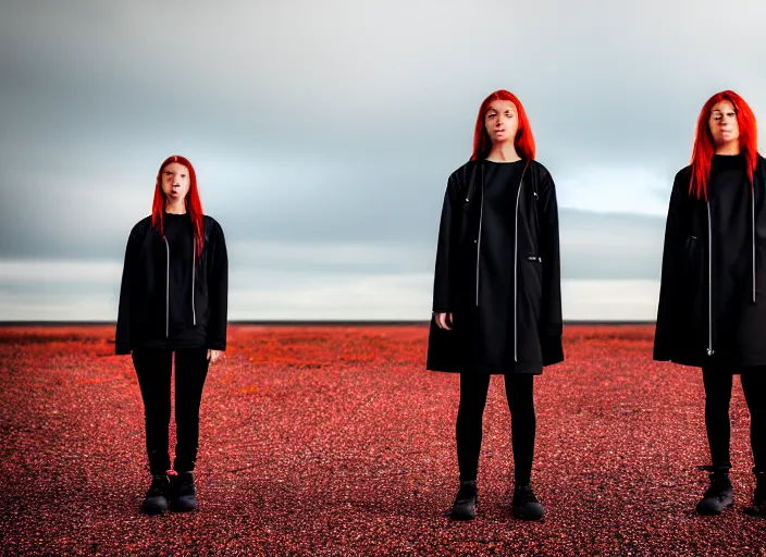 Image similar to closeup photographic portrait of 2 clones in front of a brutalist metal building, 2 techwear women, on a desolate plain, red sky, black oversized clothes, sigma 8 5 mm f / 1. 4, 4 k, depth of field, 8 k, high resolution, hd, full color